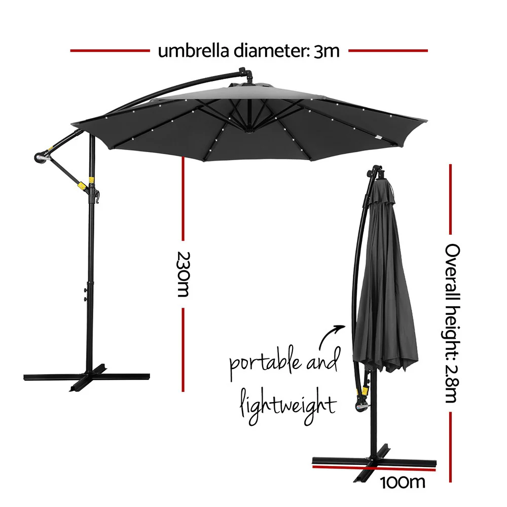 Instahut Outdoor Umbrella 3M Cantilever Beach LED Garden Shade Patio Charcoal - Nurns