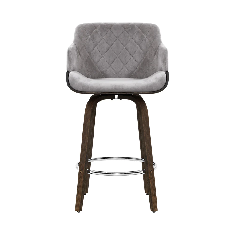 70cm Lleida Velvet Bar Stool Swivel - Grey & Wood - Nurns