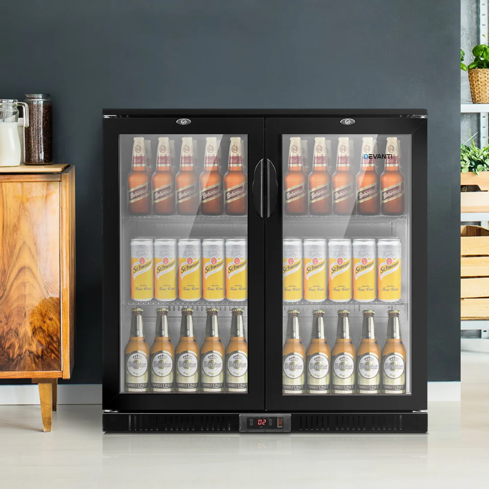 Devanti 198L Bar Fridge Dual Glass Door with Light Black - Nurns