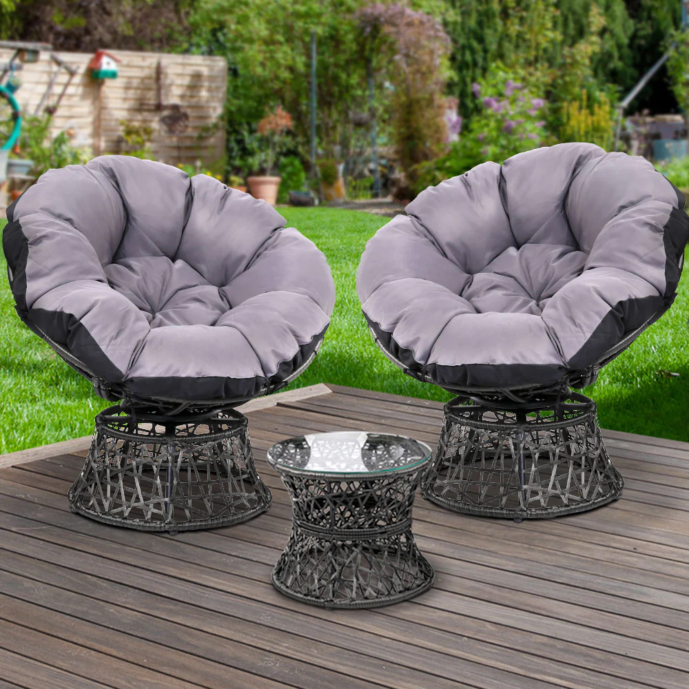 Outdoor Lounge Setting Furniture Wicker Papasan Chairs Table Patio - Black - Nurns