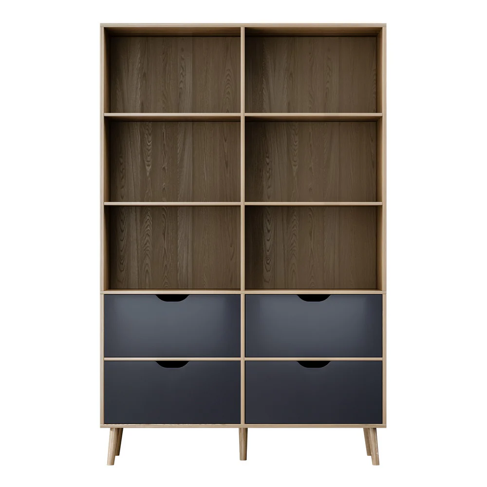 Artiss Bookshelf With 4 Drawers - Mitzi Oak And Blue - Nurns