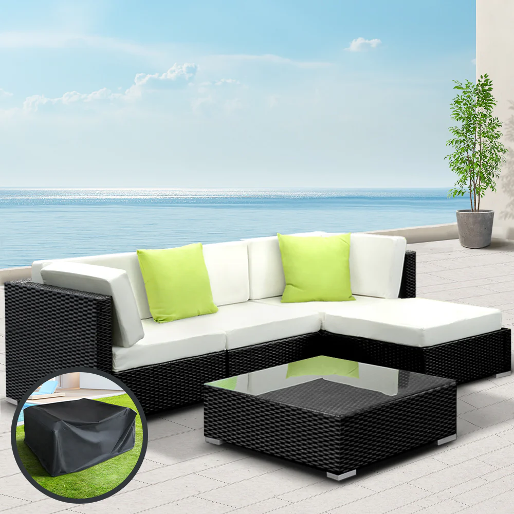 Chester 4-Seater Outdoor Set Furniture Wicker 5-Piece Sofa with Storage Cover - Black - Nurns