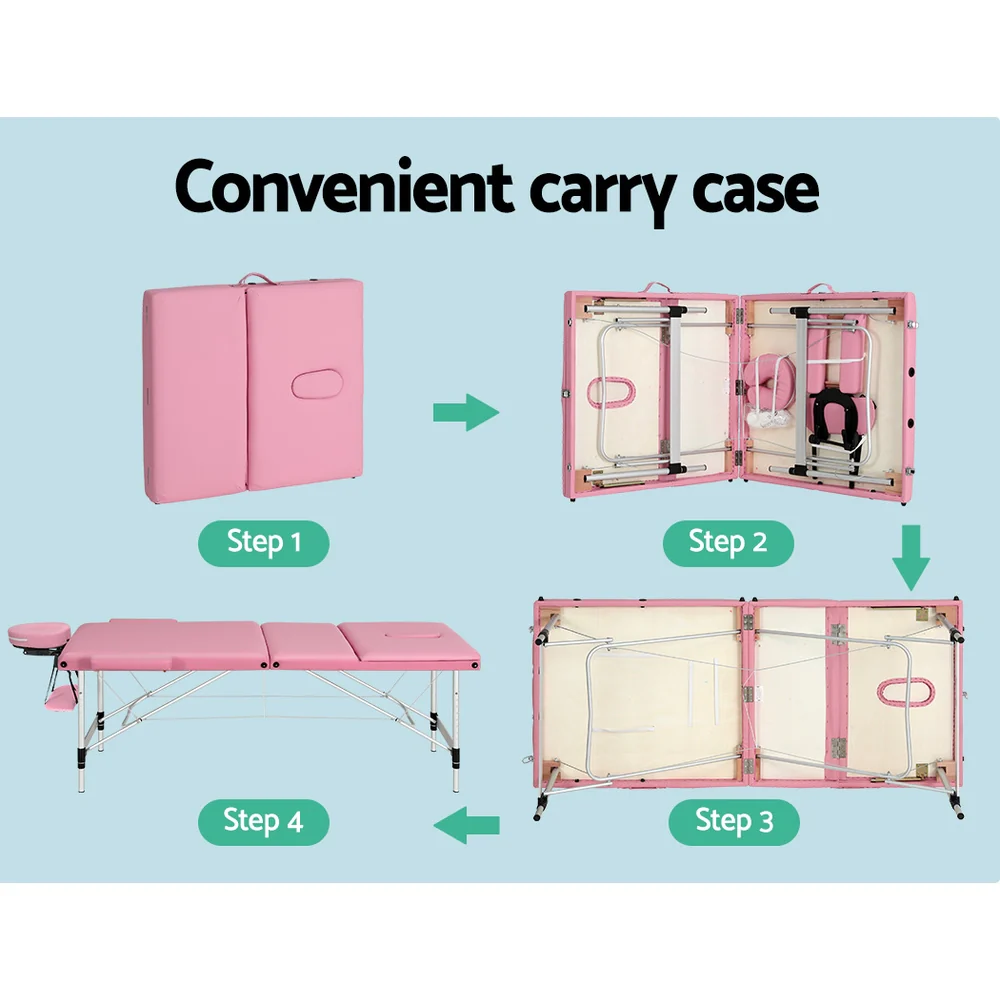 Massage Table 85cm Portable 3 Fold Aluminium Beauty Bed - Pink - Nurns