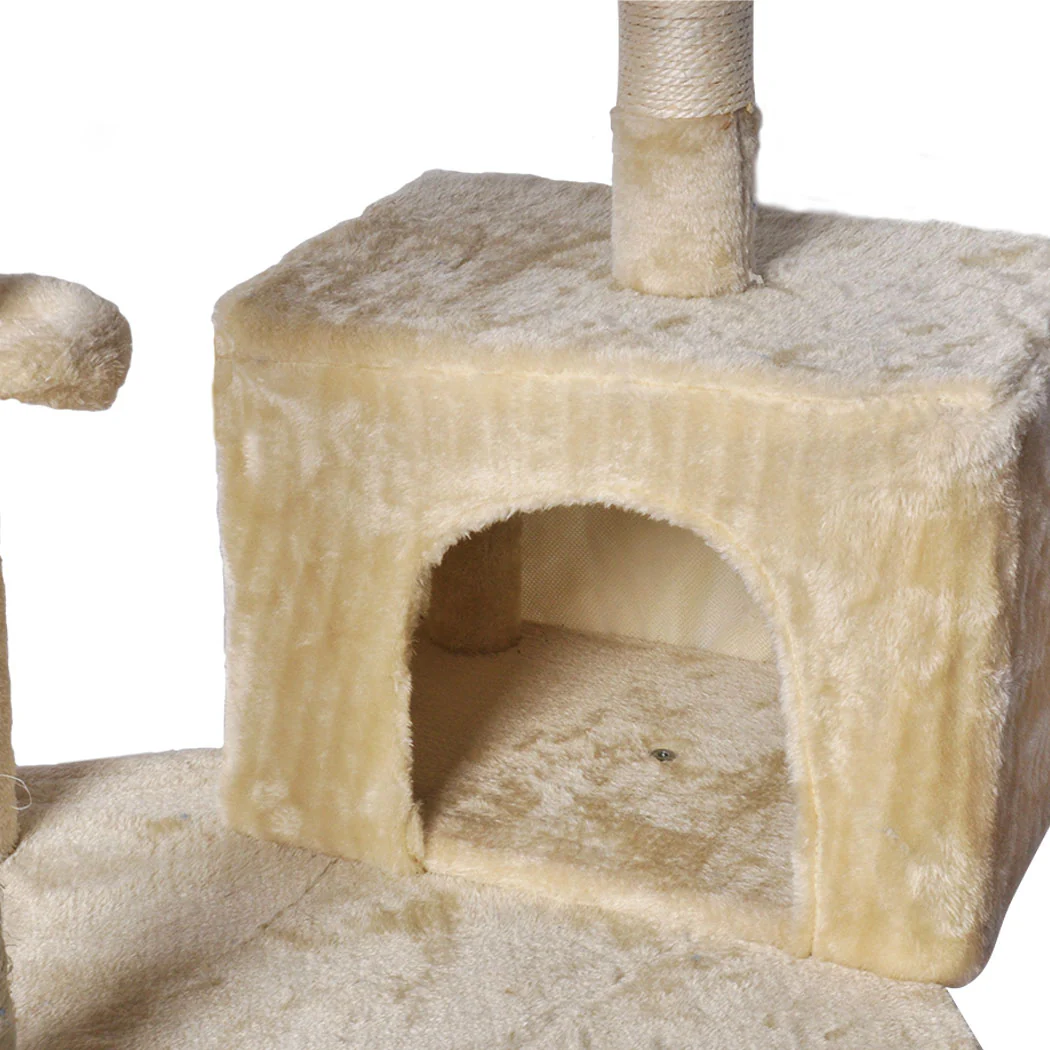Cat Tree Toy Scratching Post Scratcher Tower Condo Wooden House Cream 130cm - Nurns