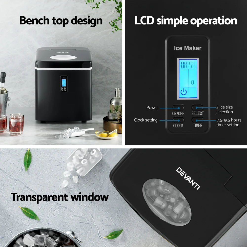 Devanti 3.2L Portable Ice Cube Maker Machine Benchtop Counter Black - Nurns