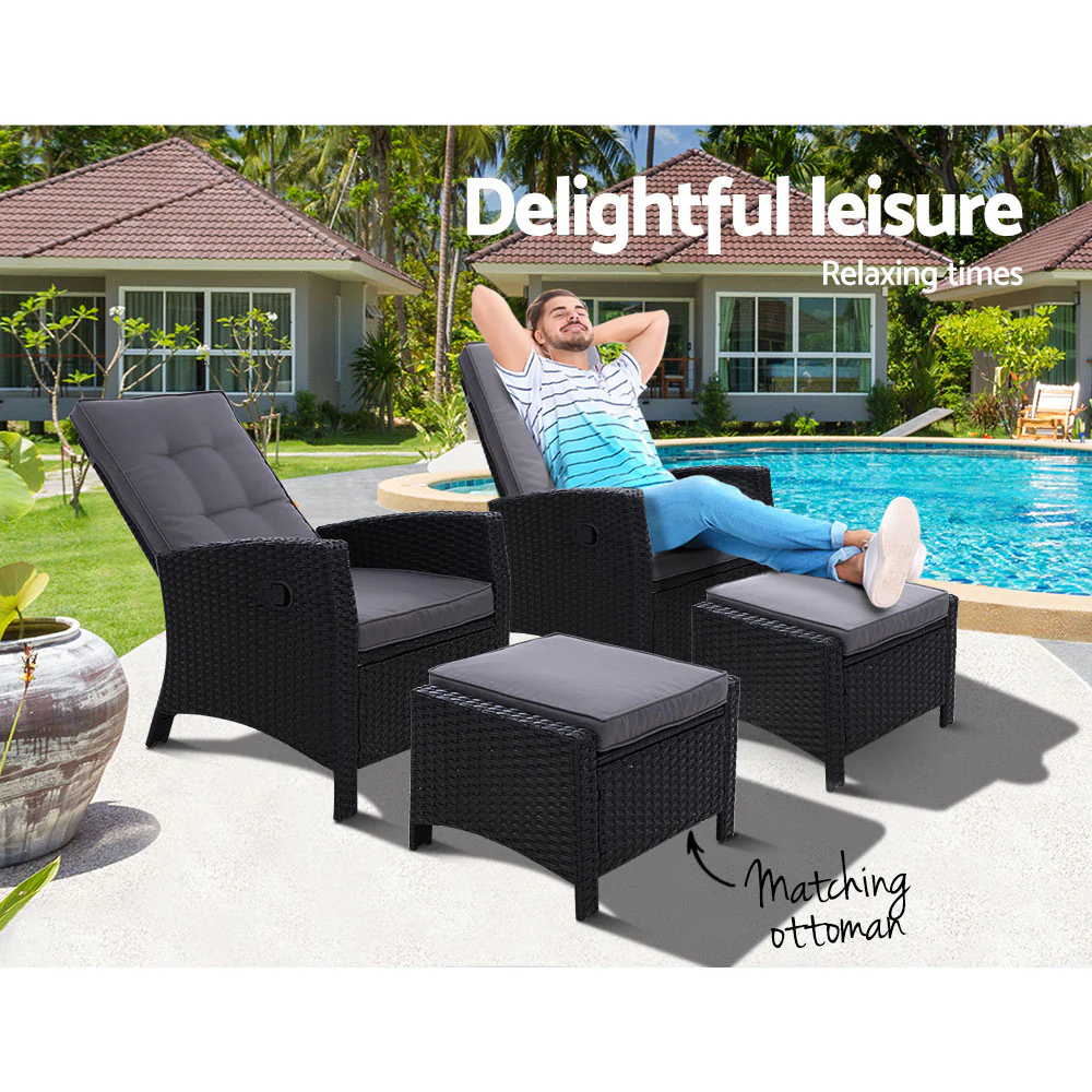 Dursley Set of 2 Recliner Chair Outdoor Furniture Setting Patio Wicker Sofa Chair and Ottoman - Black - Nurns