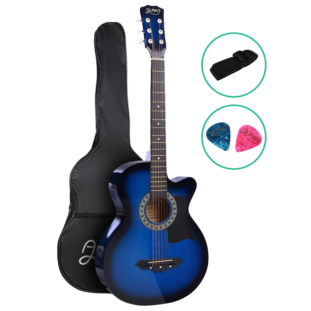 Alpha 38 Inch Acoustic Guitar Wooden Body Steel String Full Size Cutaway Blue - Nurns