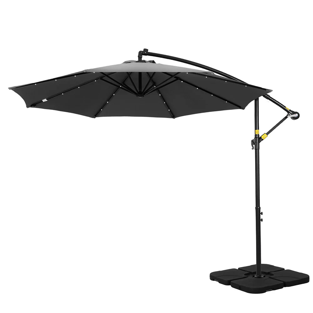 Instahut Outdoor Umbrella 3M Cantilever Beach LED Base Garden Sun Patio Charcoal - Nurns