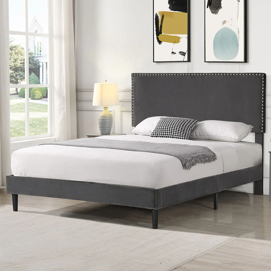 Velsen Bed Frame Base Platform Wooden Velvet with Headboard Grey - Double - Nurns