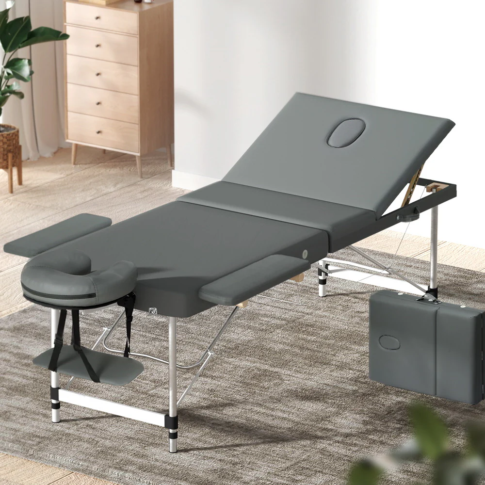 Massage Table 75cm 3 Fold Aluminium Beauty Bed Portable Therapy Grey - Nurns