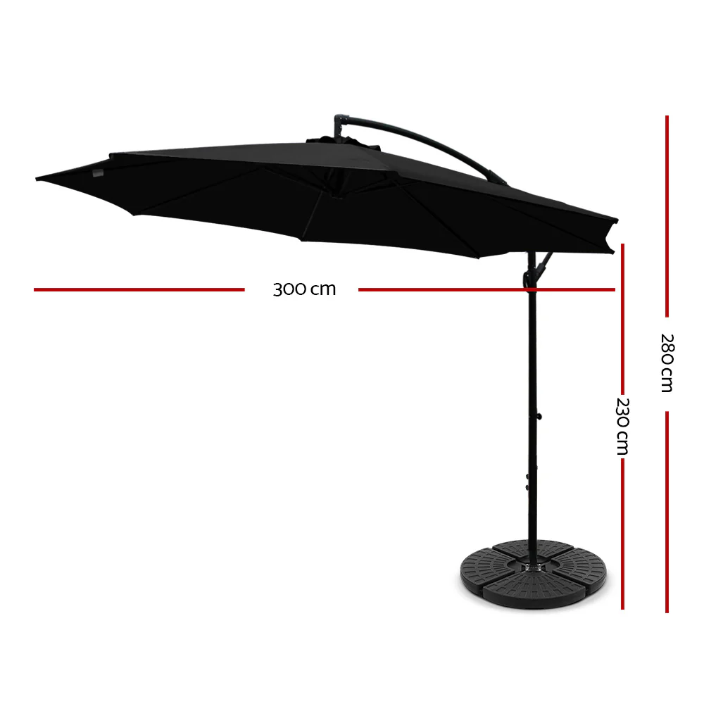 Instahut 3m Outdoor Umbrella w/Base Cantilever Beach Garden Patio Black - Nurns