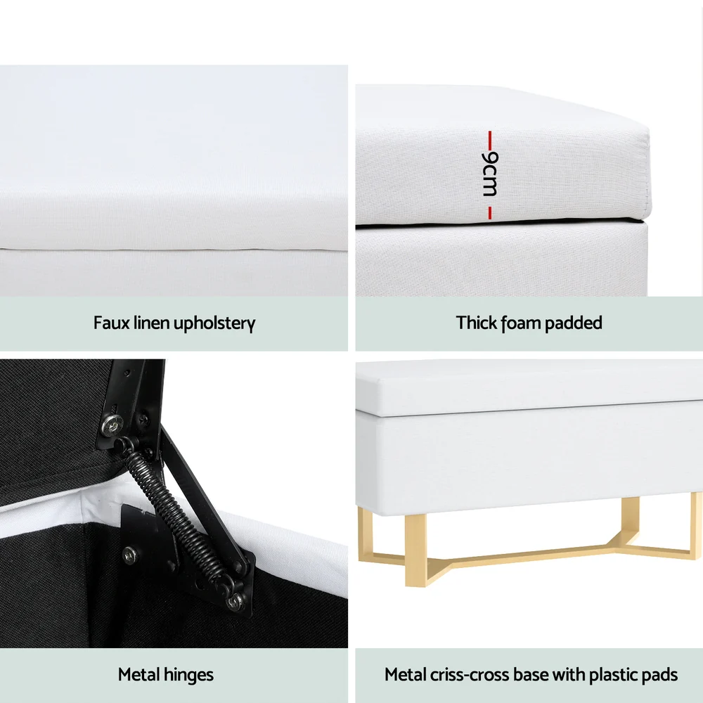 Storage Ottoman Blanket Box Criss-Cross Linen - White - Nurns
