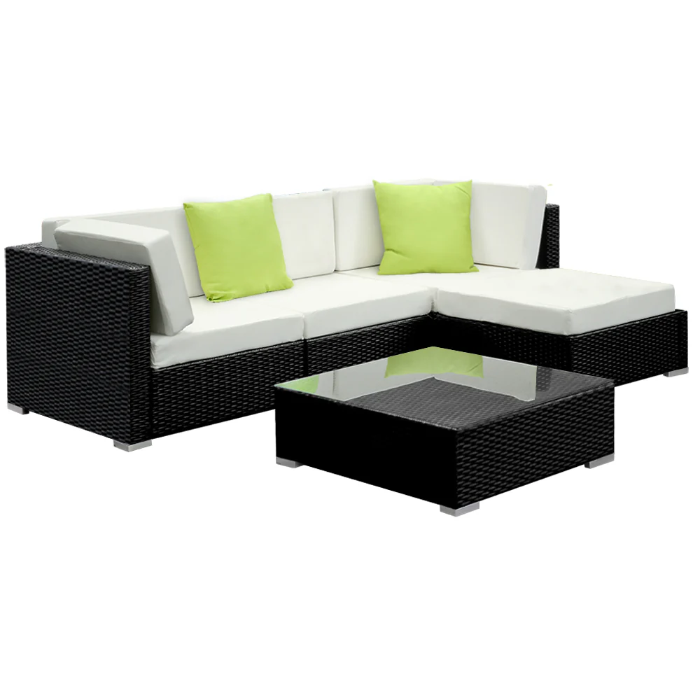 Chester 4-Seater Furniture Set Wicker Garden Patio Pool Lounge 5-Piece Outdoor Sofa - Black - Nurns