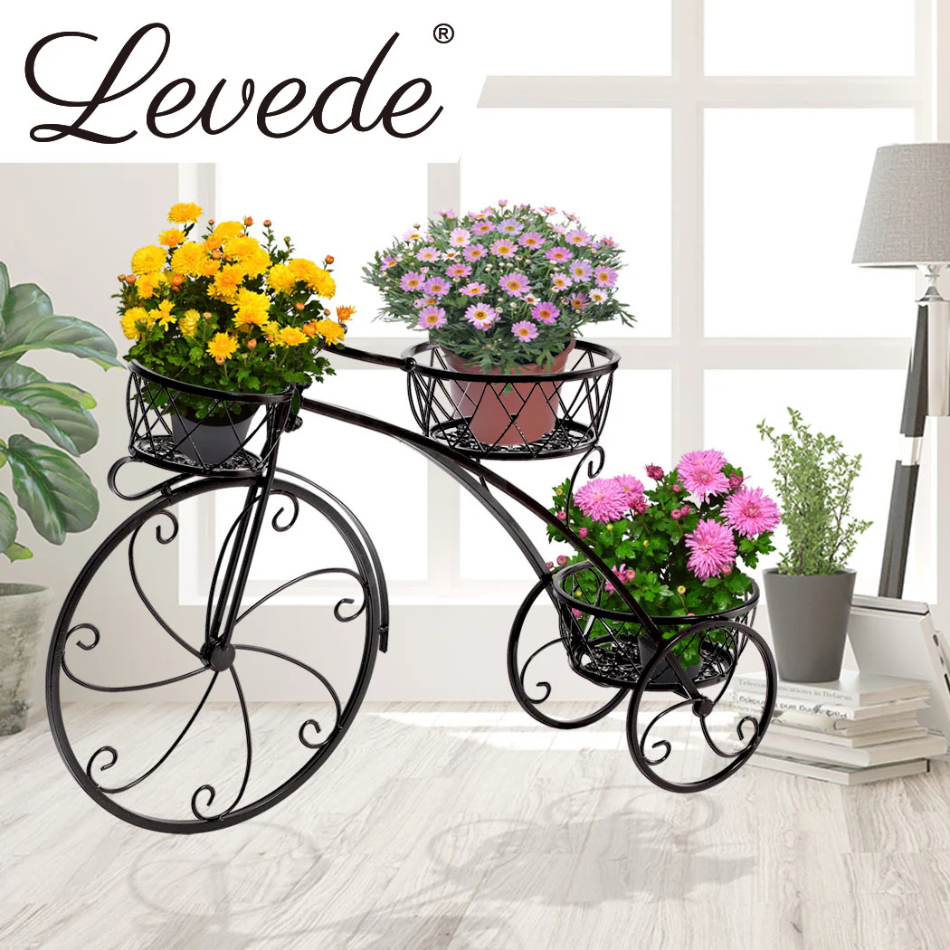 Set of 2 Plant Stand Outdoor Indoor Pot Garden Decor Flower Rack Wrought Iron Bicycles - Nurns