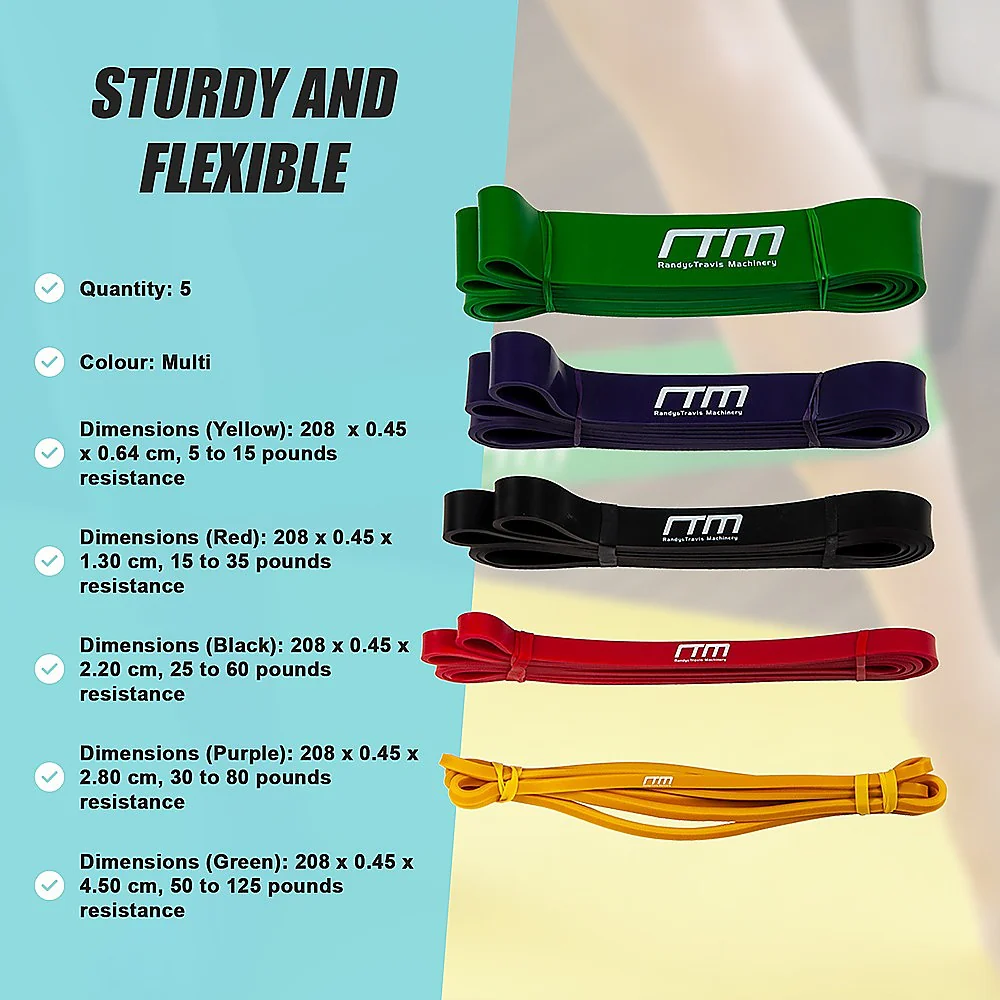 Resistance Band Loop Set of 5 Heavy Duty Gym Yoga Workout - Nurns