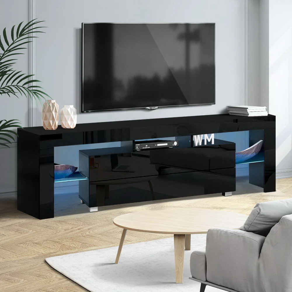 Erica 160cm TV Cabinet Entertainment Unit Stand RGB LED Gloss Furniture - Black - Nurns