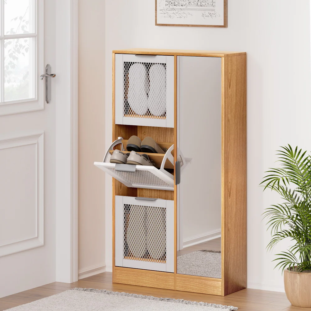 Artiss Shoe Rack Cabinet Mirror White - Nurns