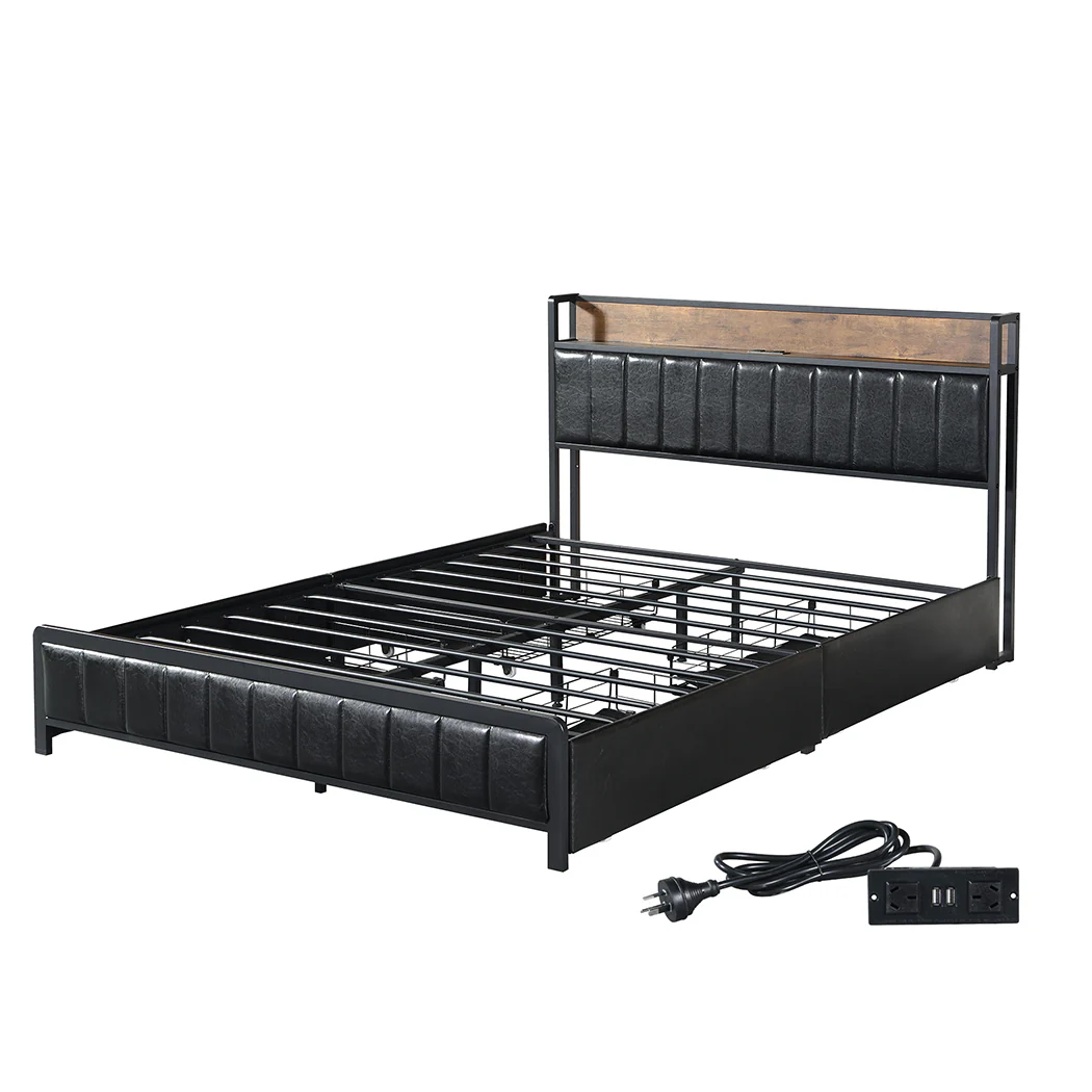 Fargo Bed Frame PU with 4 Drawers and USB Charger - Black Queen - Nurns
