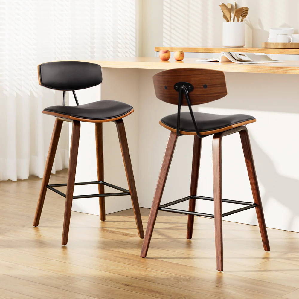 Set of 2 Cosenza PU Leather Circular Footrest Bar Stools - Black - Nurns