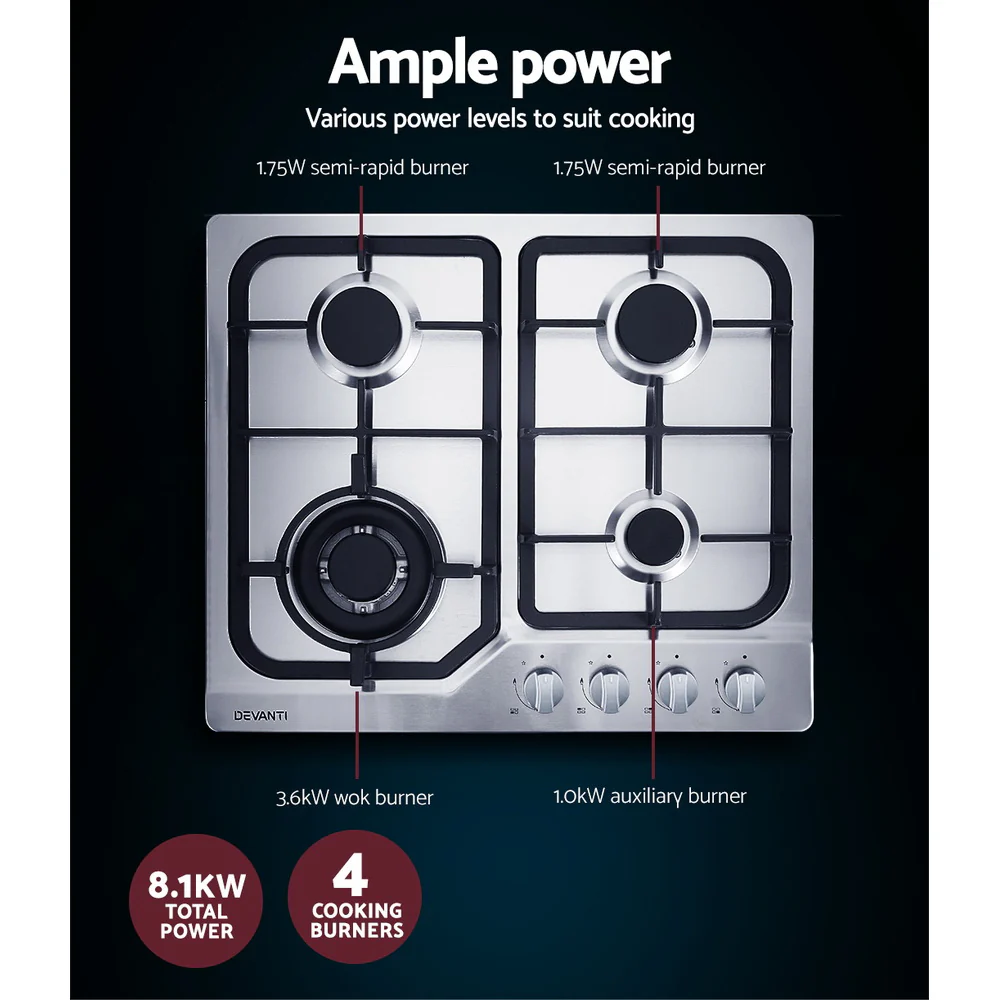 Devanti Gas Cooktop 60cm 4 Burner Silver - Nurns
