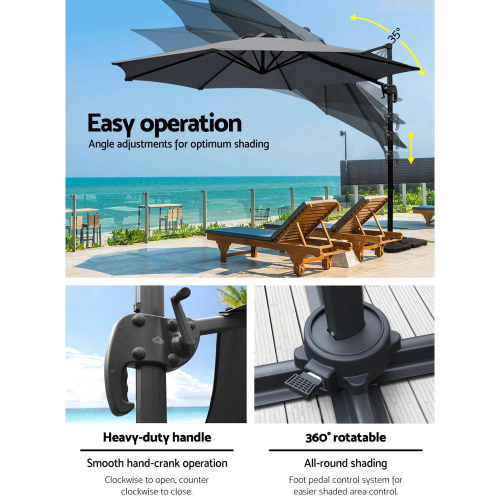 Instahut 3m Outdoor Umbrella w/Base Cantilever Beach Roma 360 Degree Tilt Charcoal - Nurns