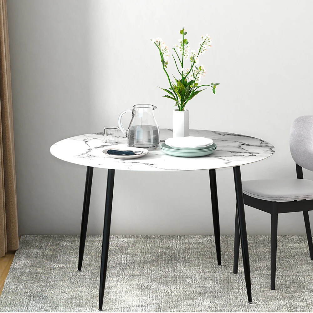 Dining Table Round Wooden Table With Marble Effect Metal Legs 110CM White - Nurns