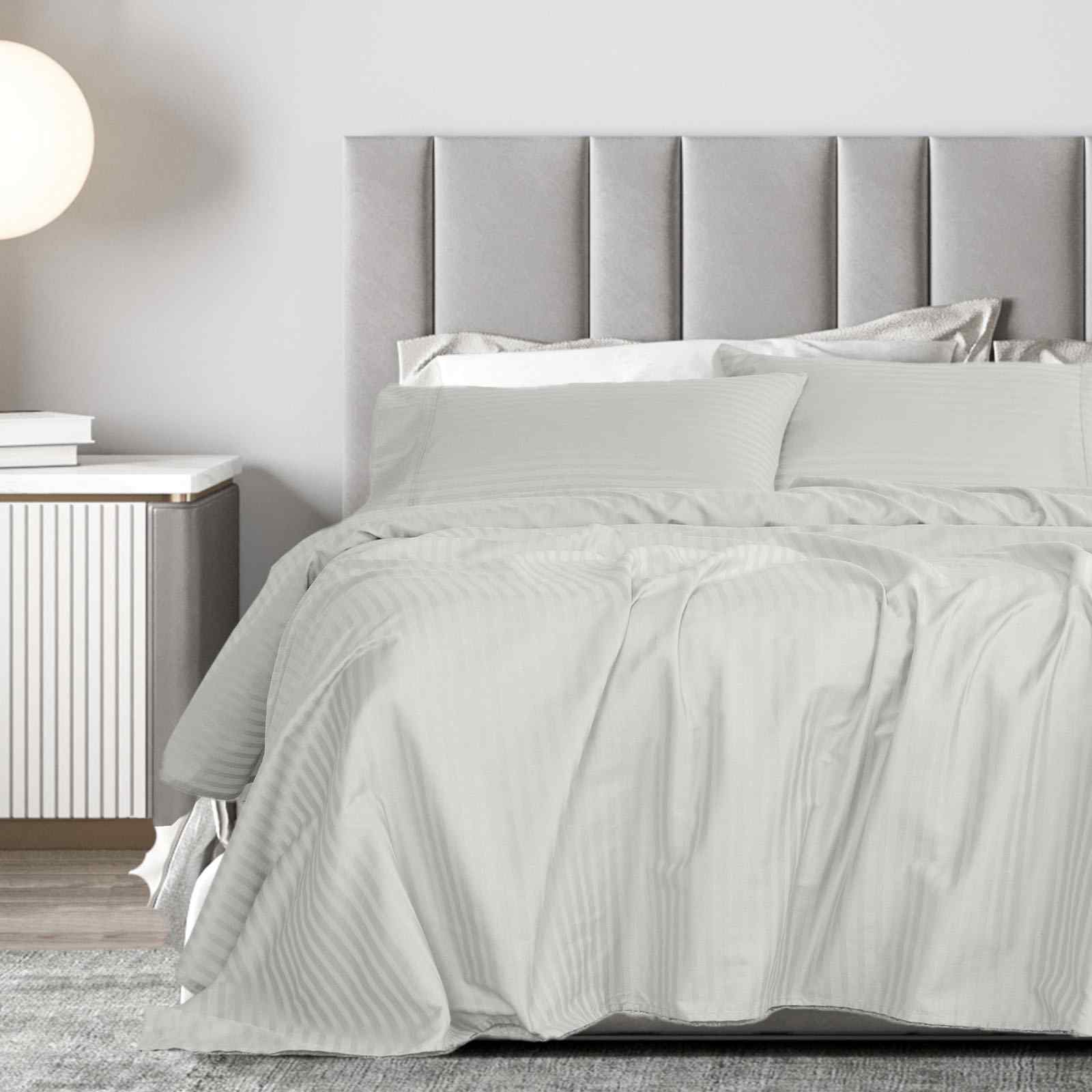 QUEEN 1200 Thread Count Stripe Cotton Blend Quilt Cover Sets - Silver - Nurns
