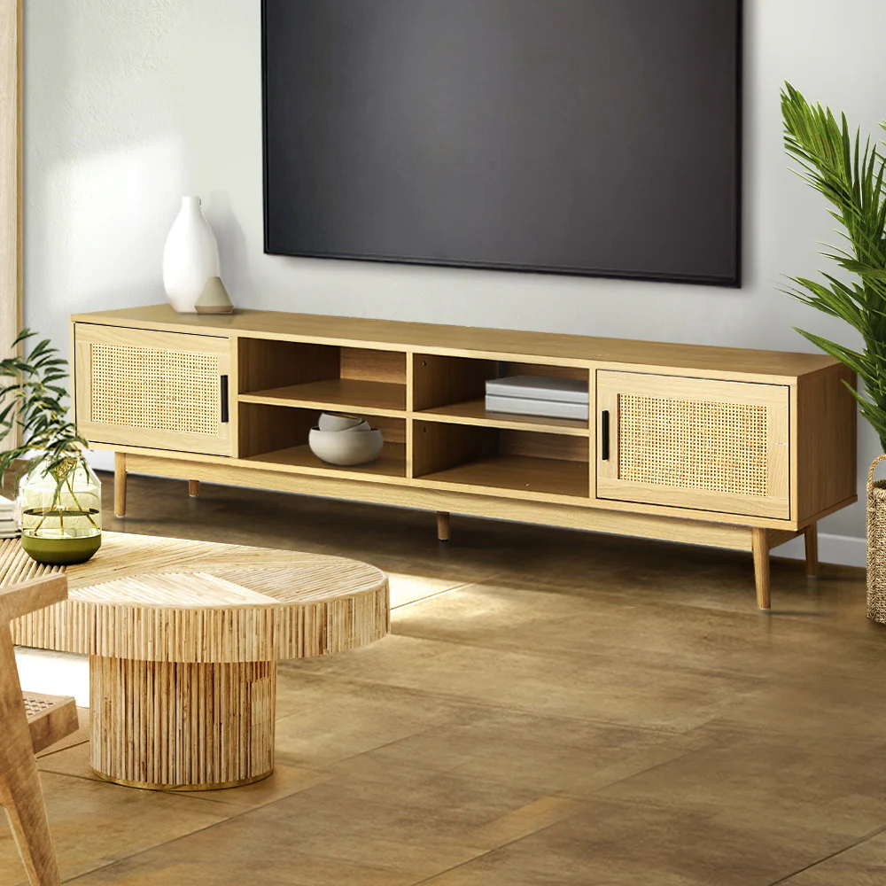 Hansel 180cm TV Cabinet Entertainment Unit TV Stand Wooden Rattan Storage Drawer - Wood - Nurns