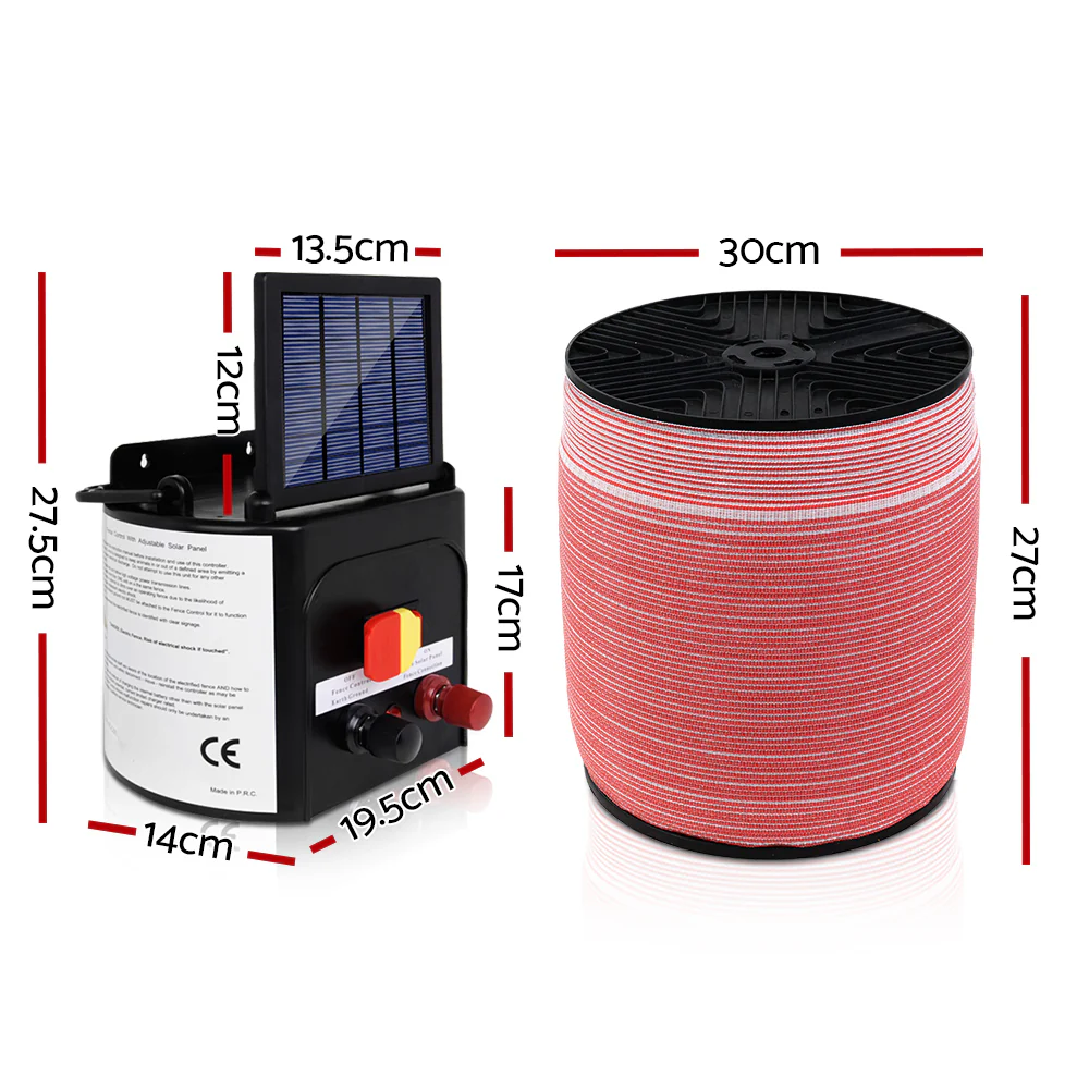 Electric Fence Energiser 3km Solar Powered Energizer Set + 1200m Tape - Nurns