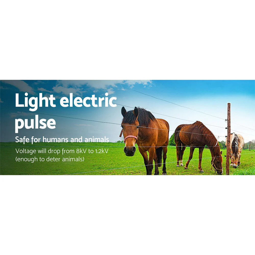 8km Solar Electric Fence Energiser Energizer 0.3J + 2000m Poly Fencing Wire Tape - Nurns