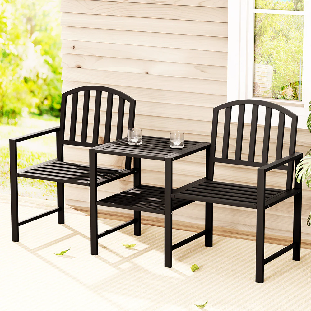 Lincoln Outdoor Garden Bench Steel Table and chair Patio Furniture Loveseat Park - Black - Nurns