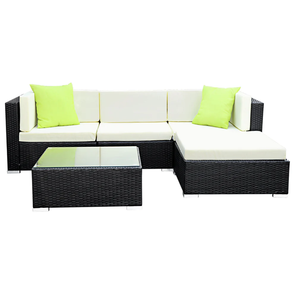 Chester 4-Seater Furniture Set Wicker Garden Patio Pool Lounge 5-Piece Outdoor Sofa - Black - Nurns