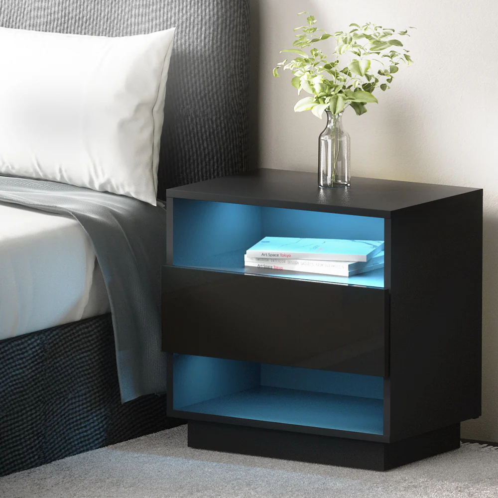 Halifax LED High Gloss Bedside Tables Side Table RGB LED Nightstand High Gloss - Black - Nurns