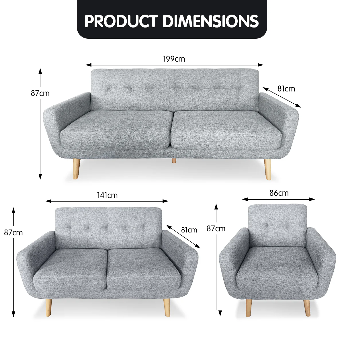 Maya 6-Seater Linen Futon Couch Sofa Set - Light Grey - Nurns