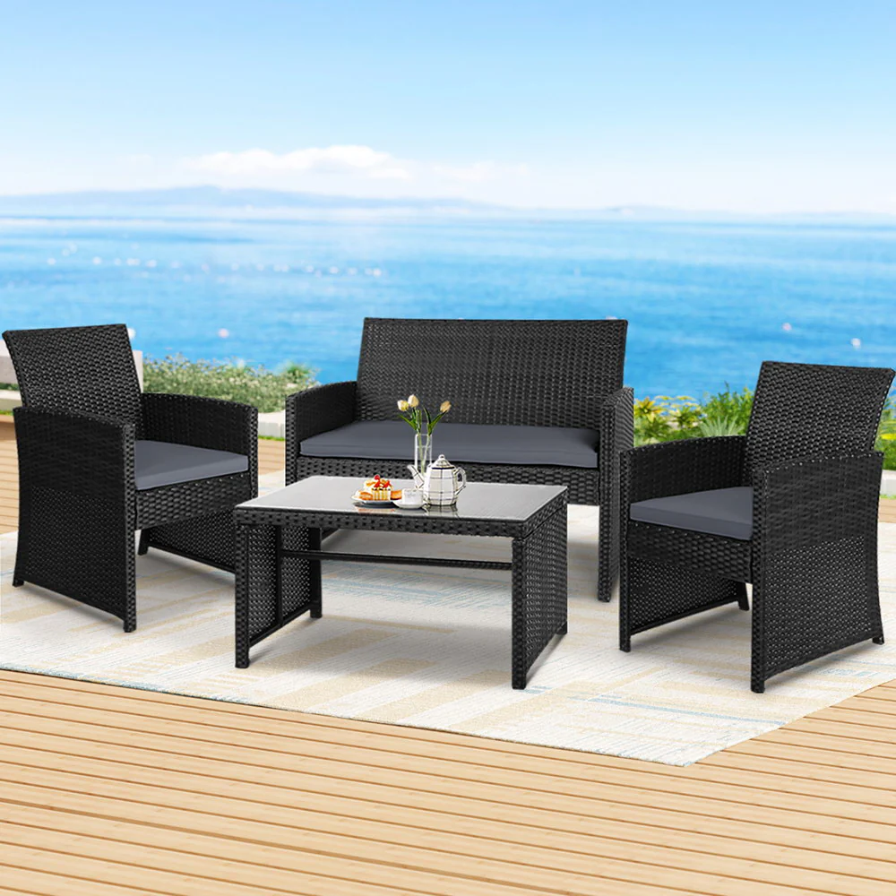 Slough 4-Seater Rattan Chair Table Setting Garden Furniture 4-Piece Outdoor Sofa Set - Black - Nurns