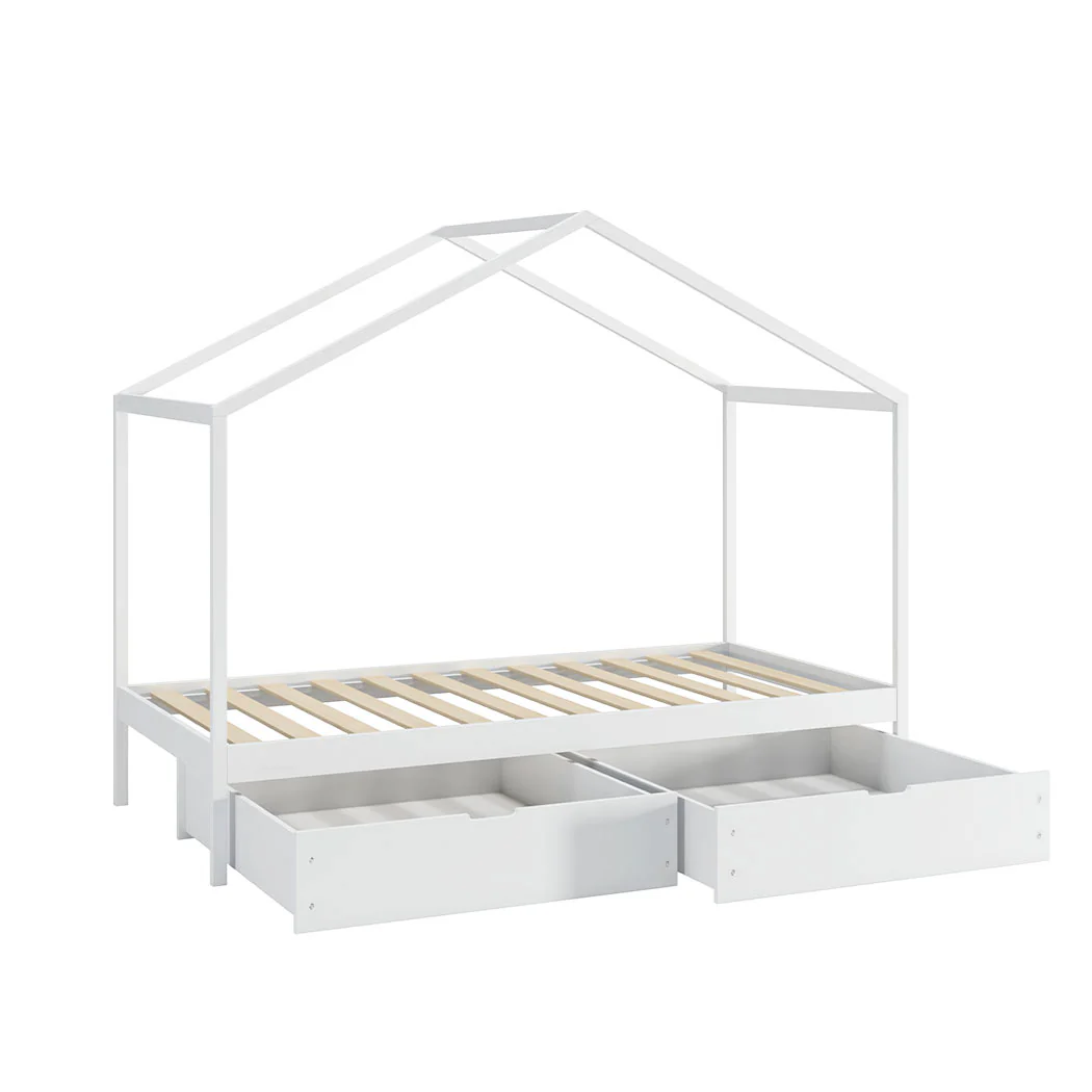 Riley Bed Frame Wooden Timber House Frame with Storage Drawers - White Single - Nurns