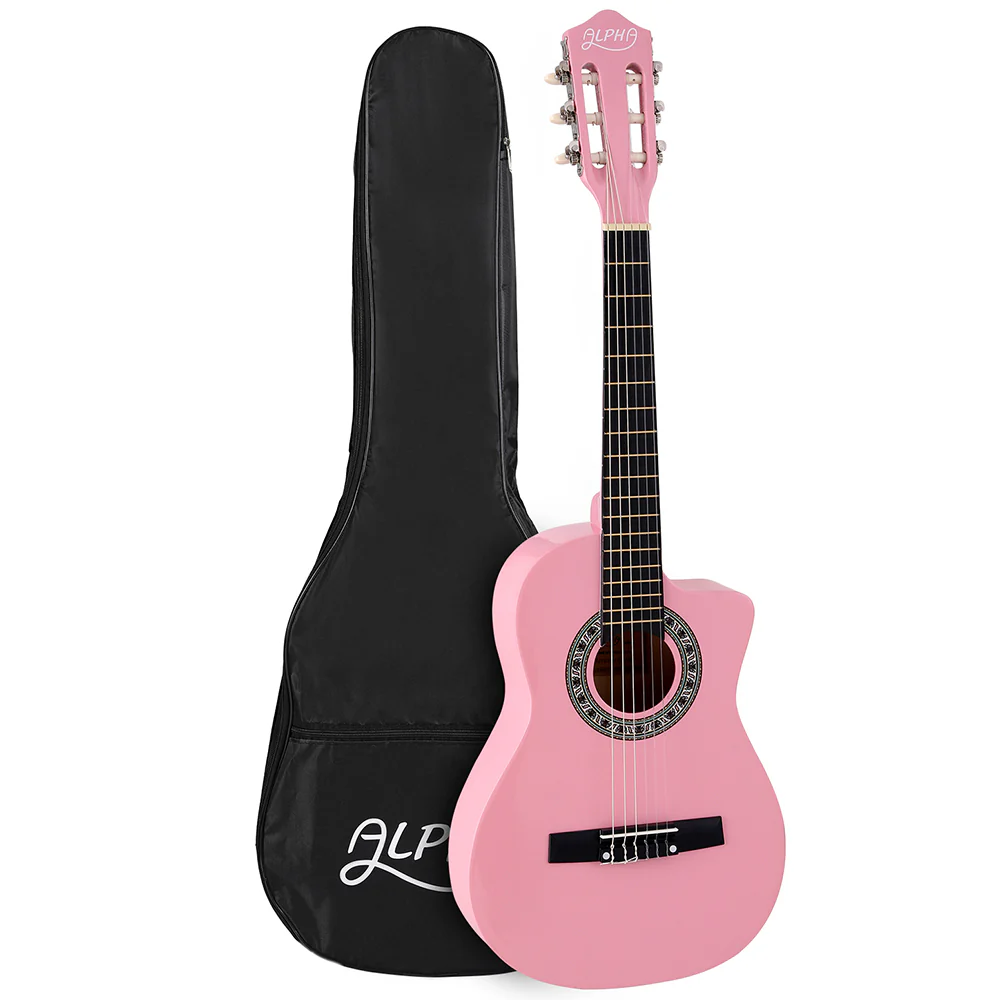 Alpha 34 Inch Classical Guitar Wooden Body Nylon String Beginner Kids Gift Pink - Nurns