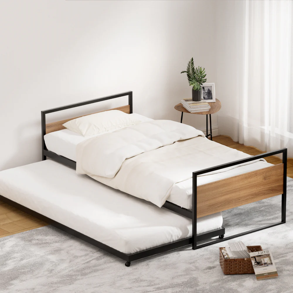 Orly Metal Bed Frame with Trundle Daybed - Black Single - Nurns