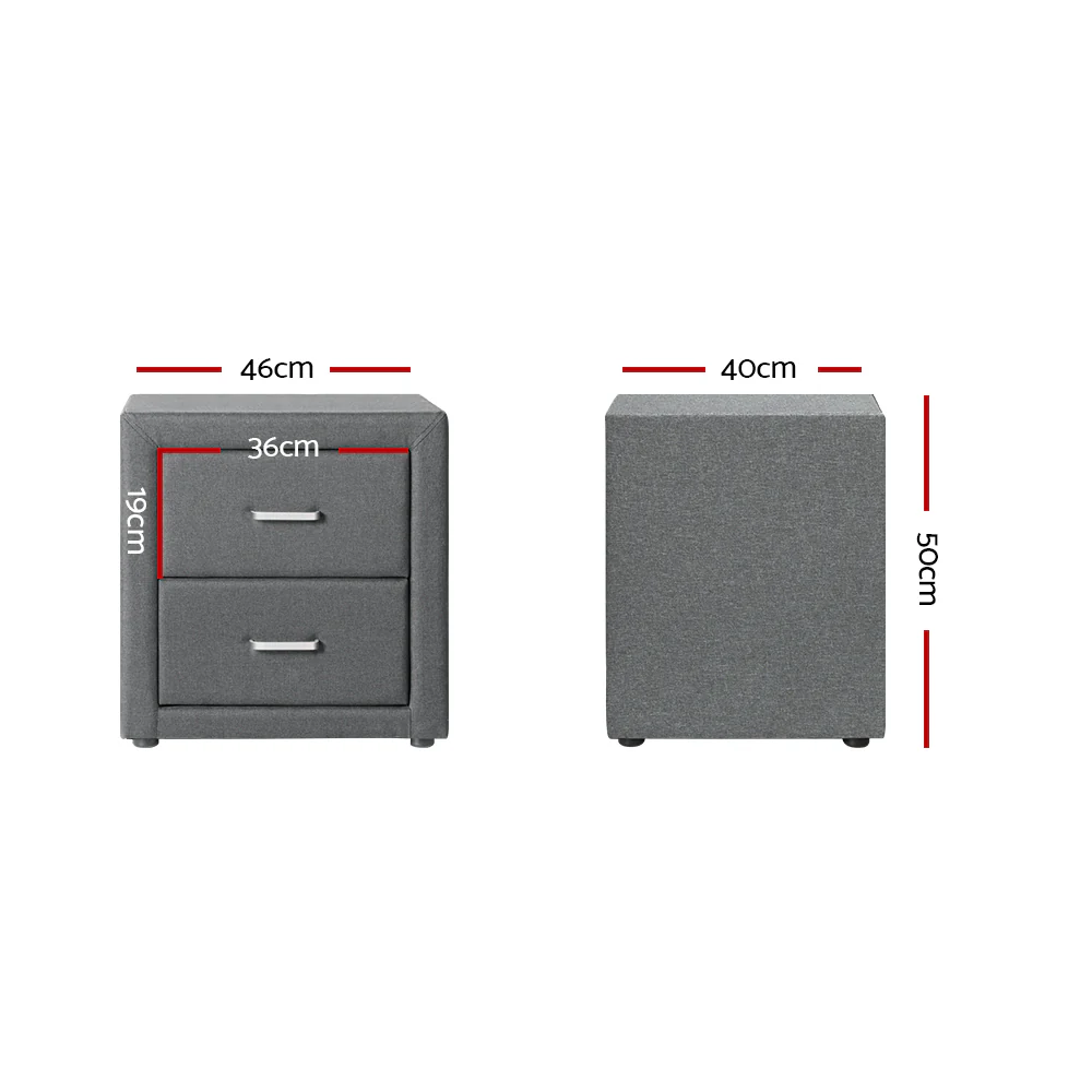 Kildonan Fabric Bedside Tables with 2 Drawers - Grey - Nurns