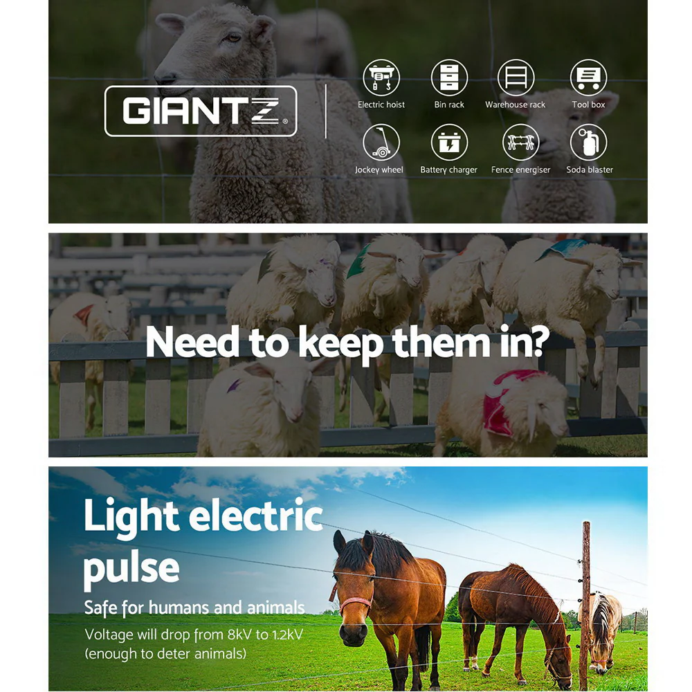 5km Solar Electric Fence Energiser Energizer 0.15J + 2000m Poly Fencing Wire Tape - Nurns