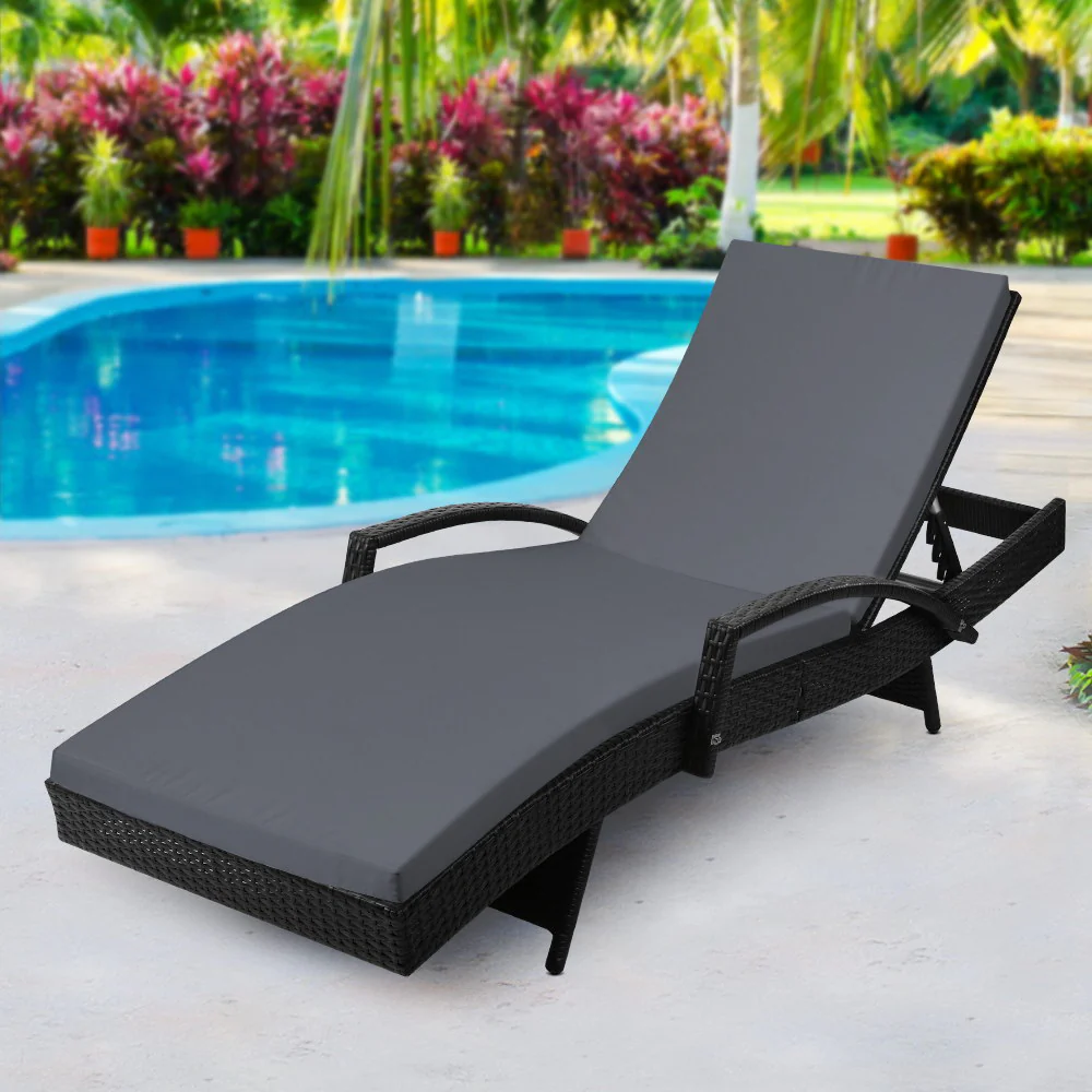 Ashby Outdoor Sun Lounge Wicker with Armrest Chair and Cushion - Black - Nurns