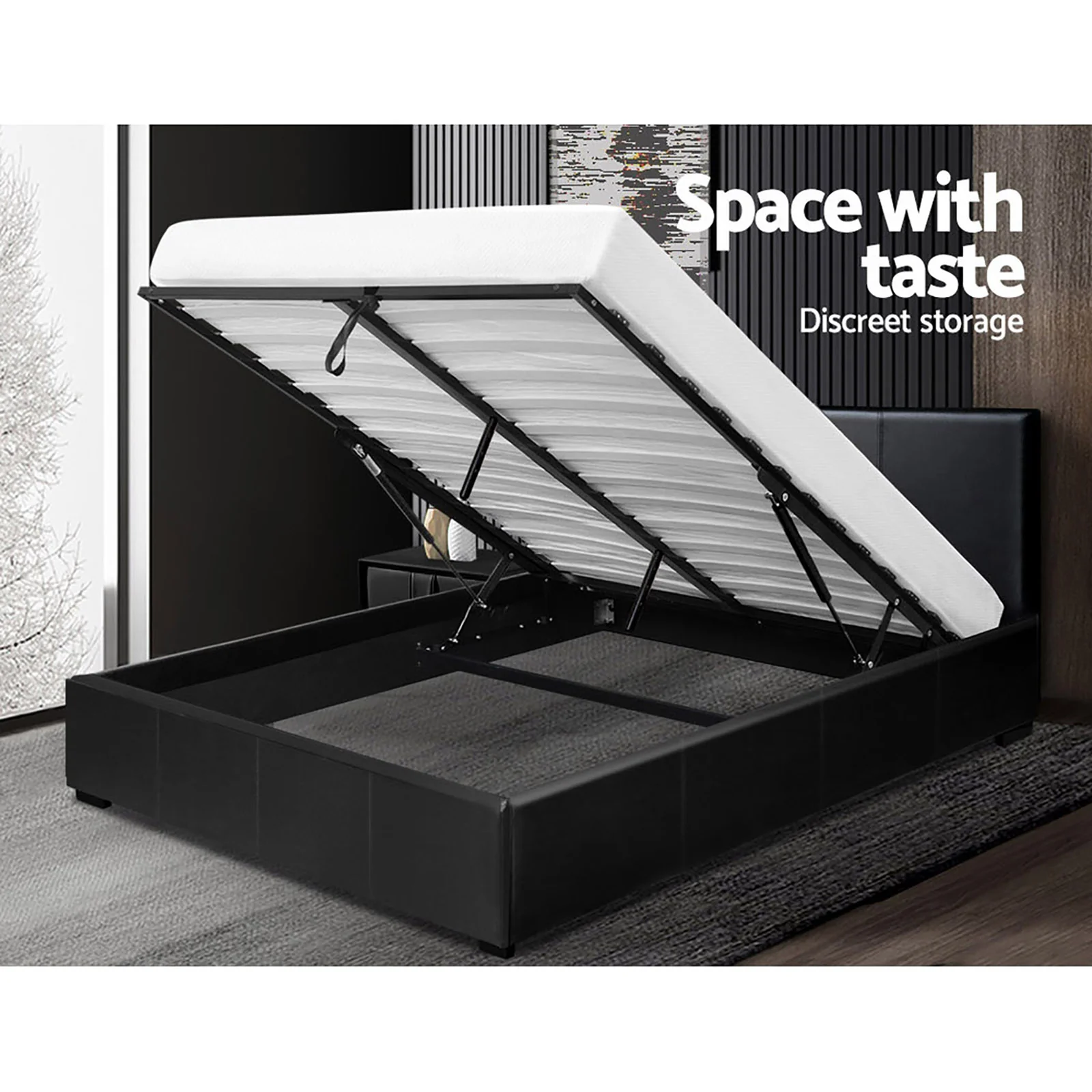 Madison Black Bed Frame PU Leather - Queen - Nurns