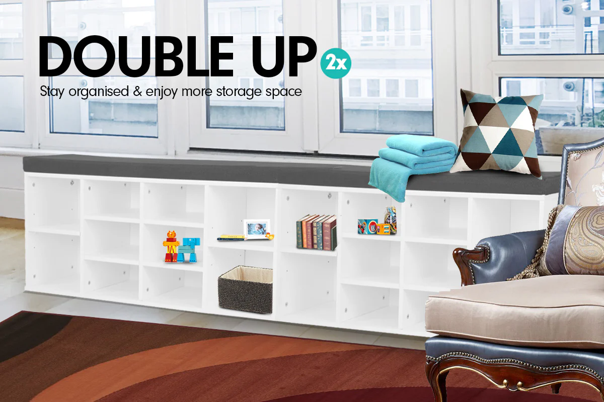 Sarantino Shoe Rack Cabinet Organiser Grey Cushion Stool Bench Ottoman - 104 X 30 X 45 - White - Nurns