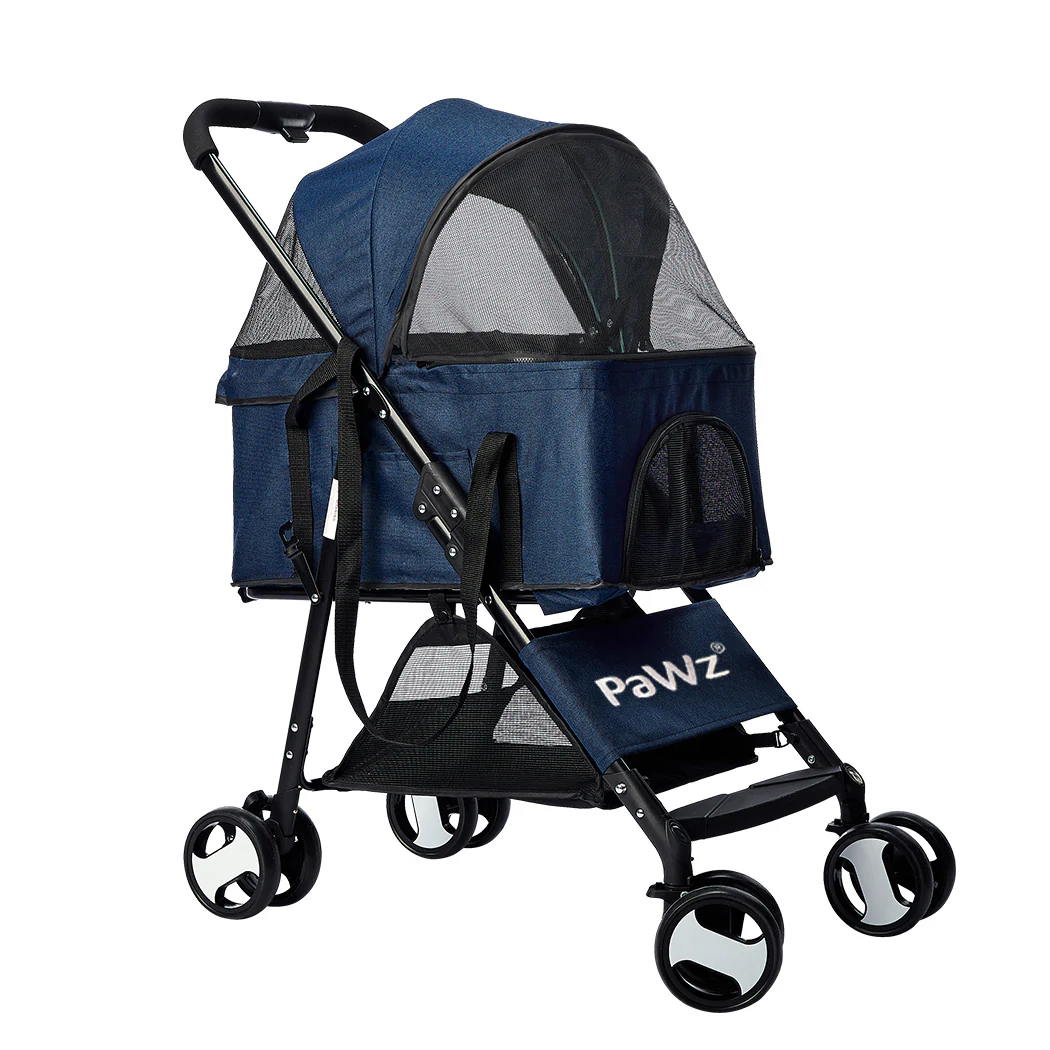 Pet Stroller Dog Cat Pram Foldable Carrier 4 Wheels Travel Pushchair Blue Large - Nurns