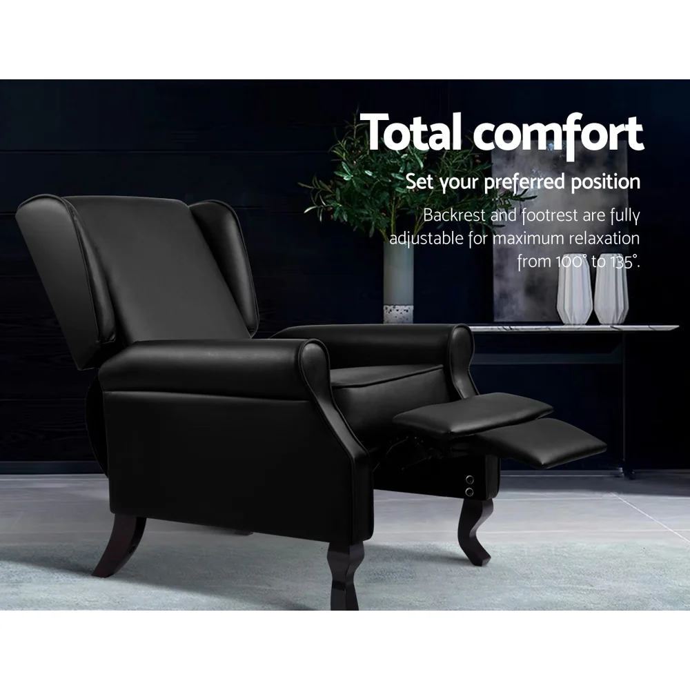 Freya Recliner Chair Armchair Lounge Leather - Black - Nurns
