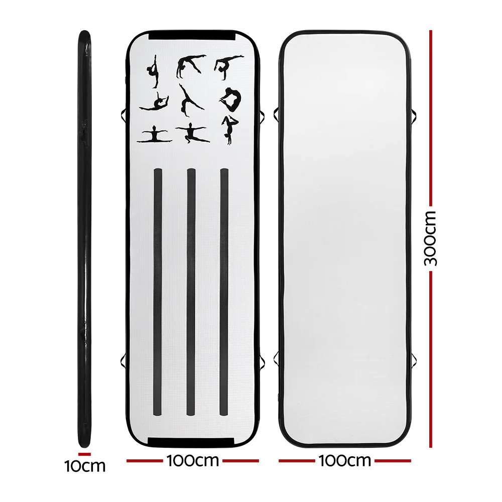 Everfit 3M Air Track Gymnastics Tumbling Mat Exercise Cheerleading Unique Black - Nurns