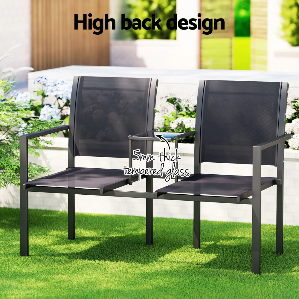 Zeke 2-Seater Outdoor Garden Bench Seat Chair Table Loveseat Patio Furniture Park - Black - Nurns