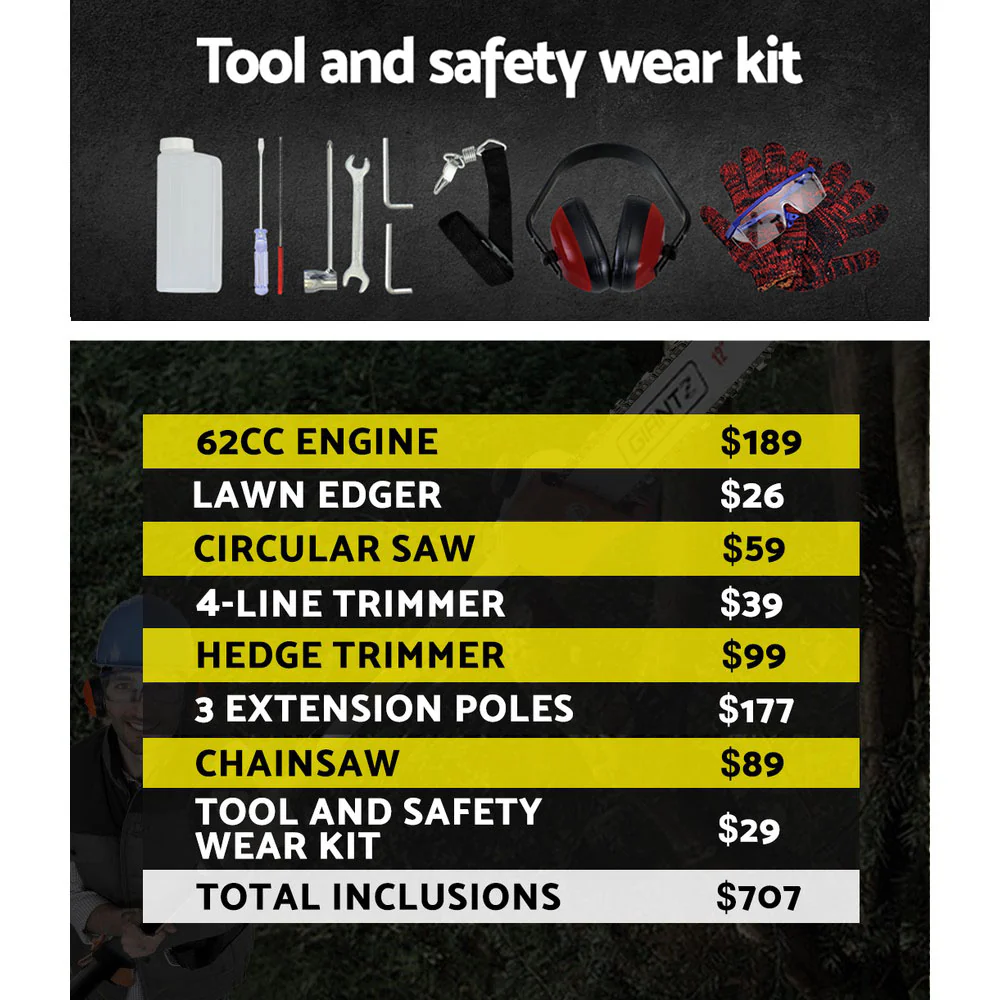 62CC Pole Chainsaw Hedge Trimmer Brush Cutter Whipper Saw Snipper 7-in-1 - Nurns