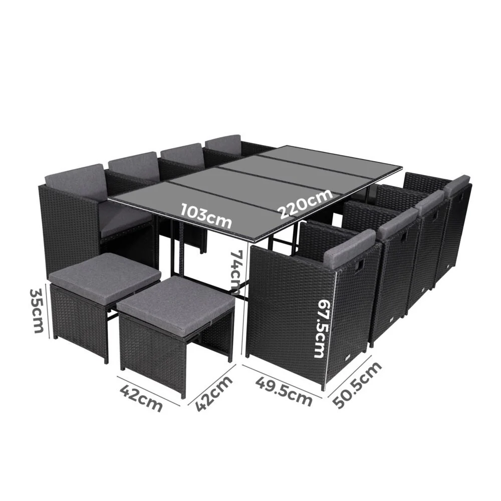 Drew 12-Seater Outdoor Furniture Setting 13-Piece Dining Set - Black - Nurns