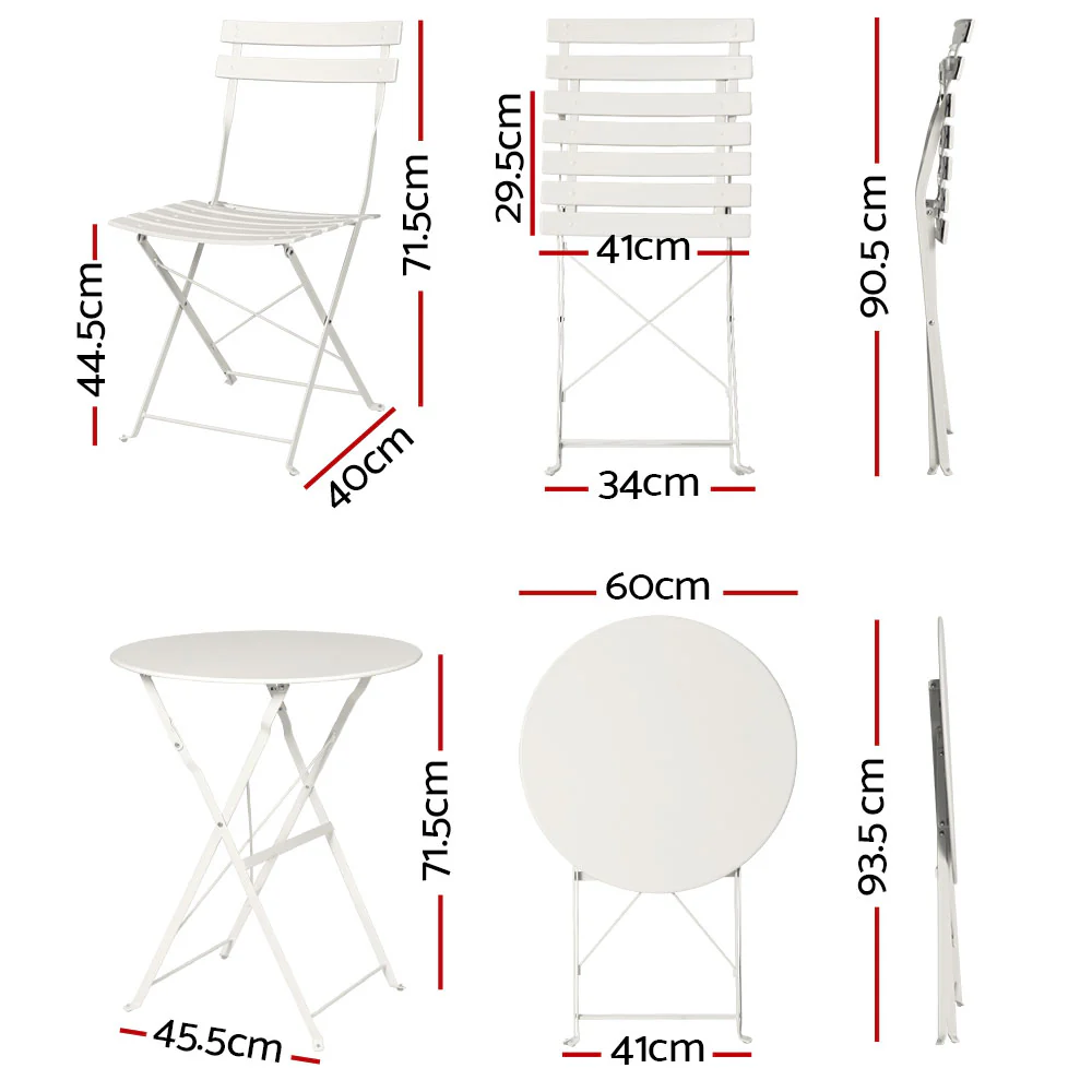 Andre 2-Seater Steel Table and Chairs Patio Furniture 3-Piece Outdoor Bistro Set - White - Nurns